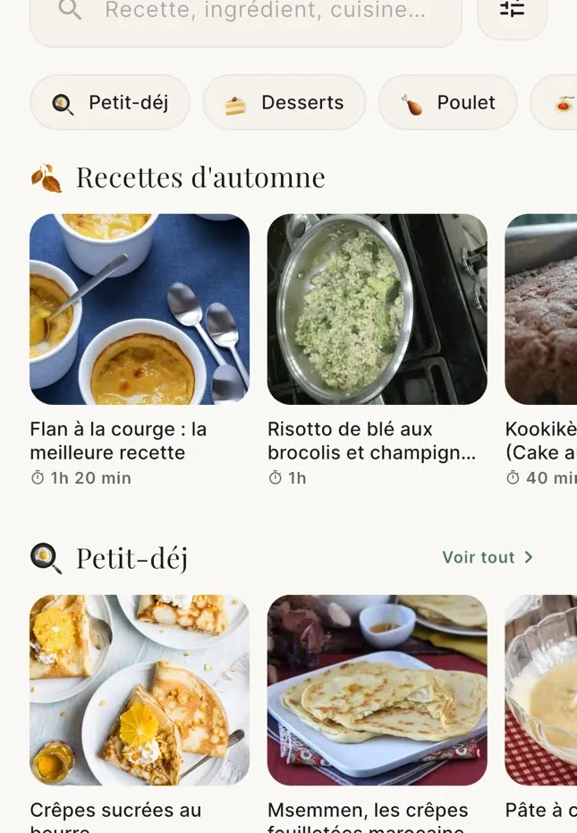 Recettes d'automne et de petit-déjeuner dans l'onglet Découvrir