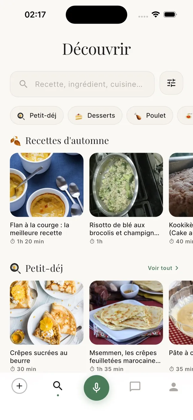 Écran Découvrir de Pesto : recherche, catégories et recettes de saison